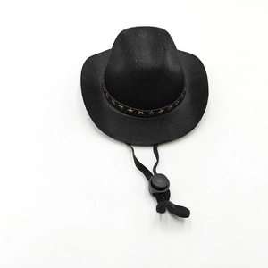 Mini black felt cowboy hat for pets with golden stars and adjustable elastic drawstring