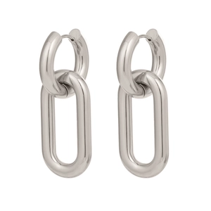 Detail of silver interlocking oval hoops earrings in polished stainless steel design
