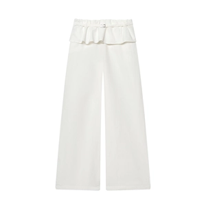 Pantalon Large Femme Taille Haute Avec Bordure À Volants Ceinture Assortie Blanc Décontracté Pantalon Long En Nylon