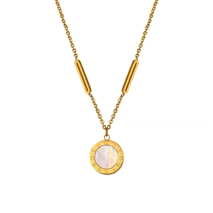 Stainless Steel Round Pendant Necklace 18K Gold Plated Roman Numerals Shell Double Sided Minimalist Jewelry For Women