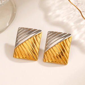Minimalist rectangular gold and silver tone earrings with textured diagonal pattern