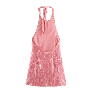 Robe mini rose à paillettes avec licou dos nu et détails à nouer en tissu brillant