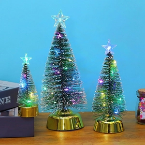 Miniature Christmas Tree Ornament With Colorful LED Light Gold Base PVC Pine Needles Desktop Festive Decor Gift