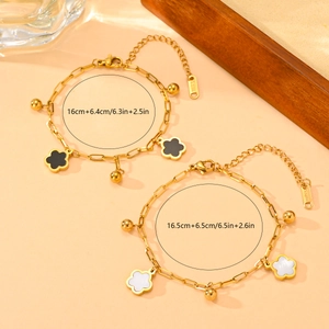 Elegant gold stainless steel clover bracelets with black and white shell inlays