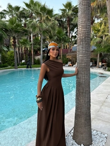Elegant dark brown one-shoulder long dress for women featuring a minimalist summer design