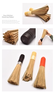 Detail of natural bamboo bristles and varied handle styles for kitchen pot cleaning brushes