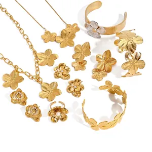 Floral Necklace Earrings Bracelet Ring Stainless Steel 18K Gold Plated Artificial Pearl Zircon Elegant Jewelry For Women