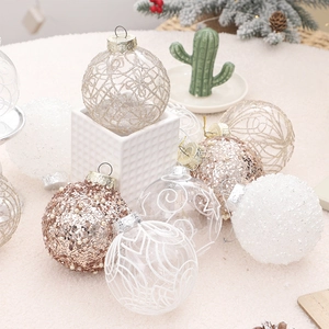 Set of 8cm clear hand-painted Christmas balls with gold glitter and white pearls