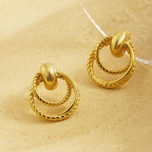 Retro geometric twisted triple hoop earrings for women in polished golden stainless steel