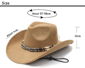 Detailed size chart for the khaki suede cowboy hat with beaded band and 9cm brim