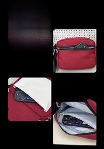 Detail view of red and white crossbody bag features multiple zip pockets and compartments