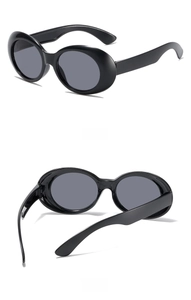 Detailansicht der Seiten- und Rückseite einer ovalen Retro-Sonnenbrille in Schwarz