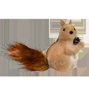 Brown flocking squirrel ornament with pine cone and fluffy tail for Christmas tree decor