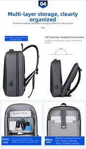 Detail of business backpack with 180 degree flat opening and internal storage compartments