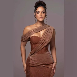 Abito Lungo Sexy Monospalla Asimmetrico Pieghettato Metallico Vita Corsetto Vestito Da Sera Senza Maniche Elegante