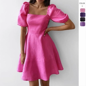 Square Neck Mini Dress Puff Sleeve Solid Color Elegant High Waist A-Line Polyester French Style