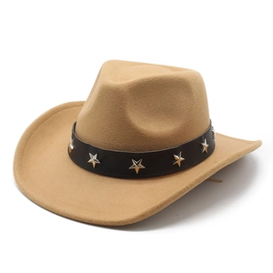 Detail of camel wool cowboy hat featuring a black band with silver star-shaped metal studs