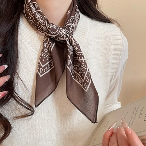 Close-up of vintage brown paisley silk scarf necklace on a white knit vest