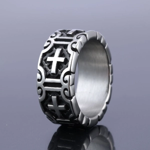 Punk rock stainless steel cross ring for men with vintage gothic relief and polished finish