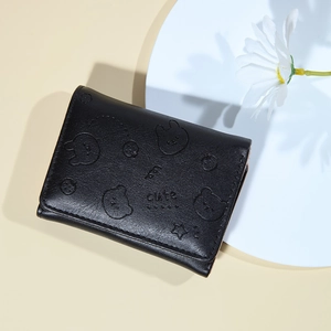 Short black PU leather wallet with cartoon animal embossing and cute text design