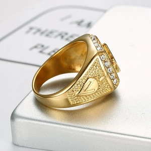 Classic gold titanium steel Freemason ring for men with brilliant zircon stone inlays