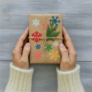 Macro detail of glitter snowflake stickers on a kraft paper gift box held by hands
