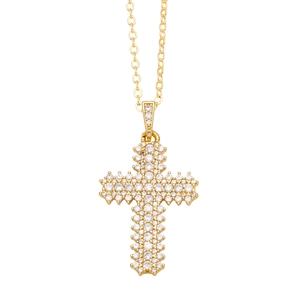 Gold plated cross necklace featuring sparkling zircon pave settings on an O-chain link