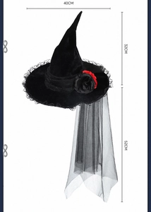 Detailed size chart for black velvet witch hat with roses and 52cm long lace veil