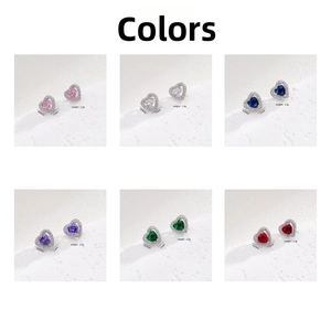Detailed view of heart-shaped zircon earrings in six colors with silver cubic zirconia frame