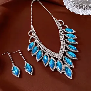 Elegant French luxury jewelry set with blue crystal teardrop necklace and earrings