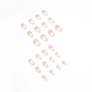 Pink and white ombre press-on nails in oval shape with a glossy natural finish