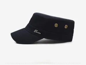 Detail of navy cadet cap featuring retro metal eyelets and a Jeans metal logo