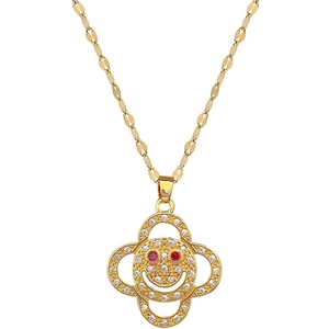 Gold titanium steel clover necklace with crystal pavé smiley face and ruby eyes