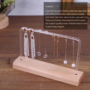 Vertical wooden jewelry display stand with acrylic U-shaped rack for earrings storage