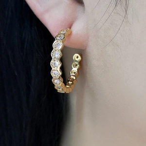 18K gold-plated hexagonal honeycomb hoop earrings with zircon stones for women