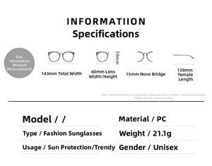 Detailed sizing chart and specifications for square UV400 fashion sunglasses in PC material