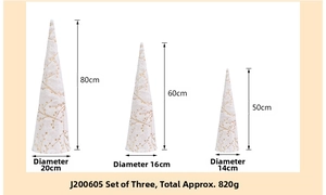Set di 3 alberi di Natale in tessuto beige con glitter dorati e dettagli delle misure