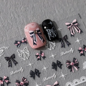 3D cartoon nail stickers with pink bows and star designs for creative manicure art