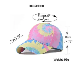Size guide for gradient tie-dye baseball cap showing dimensions and 95g weight specs