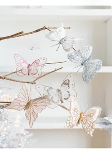 Detail of glitter mesh butterfly ornaments with metal clips for Christmas tree decor
