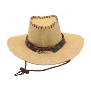 Detail of western straw cowboy hat featuring decorative leather band and wind strap