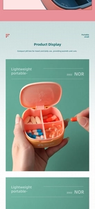 Detail view of a portable 4-compartment pill box in orange and pink with silicone seal