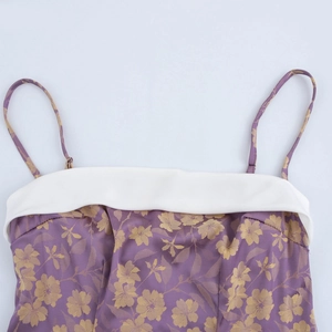 Elegant purple and gold jacquard camisole dress with white fold-over neckline detail