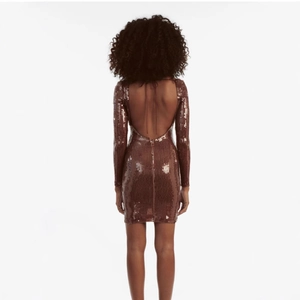 Brown sequined backless mini dress with long sleeves and slim fit bodycon silhouette