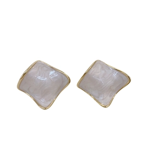 Elegant geometric square gold plated stud earrings with white marble enamel finish