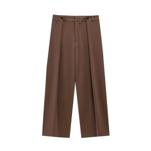Fashionable dark brown wide-leg suit trousers with waist pleats and four-button detail