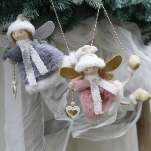 Ange De Noël Poupée À Suspendre Ornement Peluche Tricot Ailes Scintillantes Pendentif Cœur Bois Décoration De Vacances