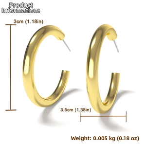 Detailed view of gold-plated fish-shaped hoop earrings with size 3cm by 3.5cm and weight data