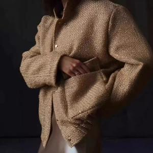 Women champagne gold tweed jacket with sequins, stand collar and metallic buttons