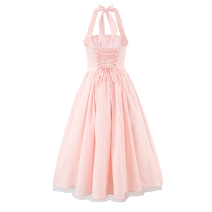 Pink halter backless maxi dress with cross-tie design and double-layered mesh A-line skirt